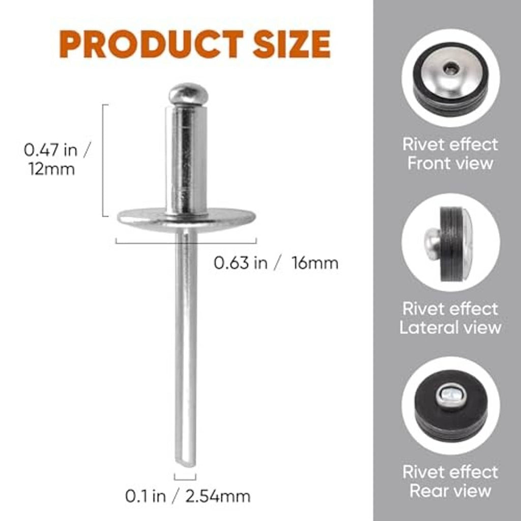 Single silver aluminum blind rivet with large flange head and mandrel tip