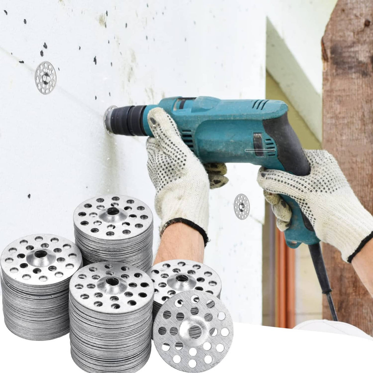 Stack of round metal plaster washers with center holes and small perimeter holes