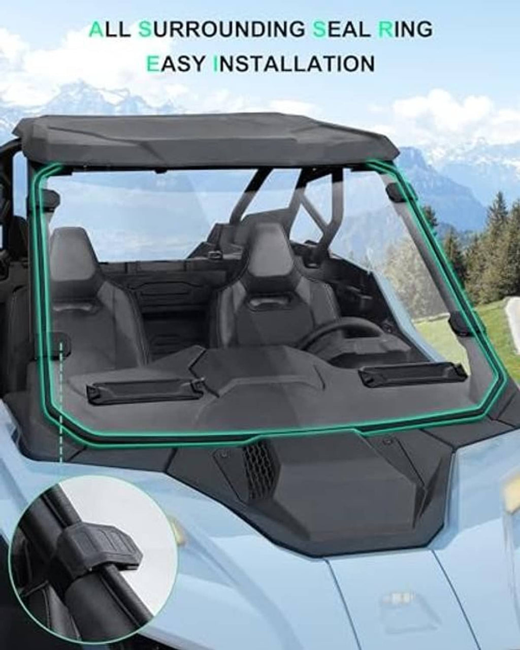Front windshield for Polaris RZR PRO with seal ring along black frame edges