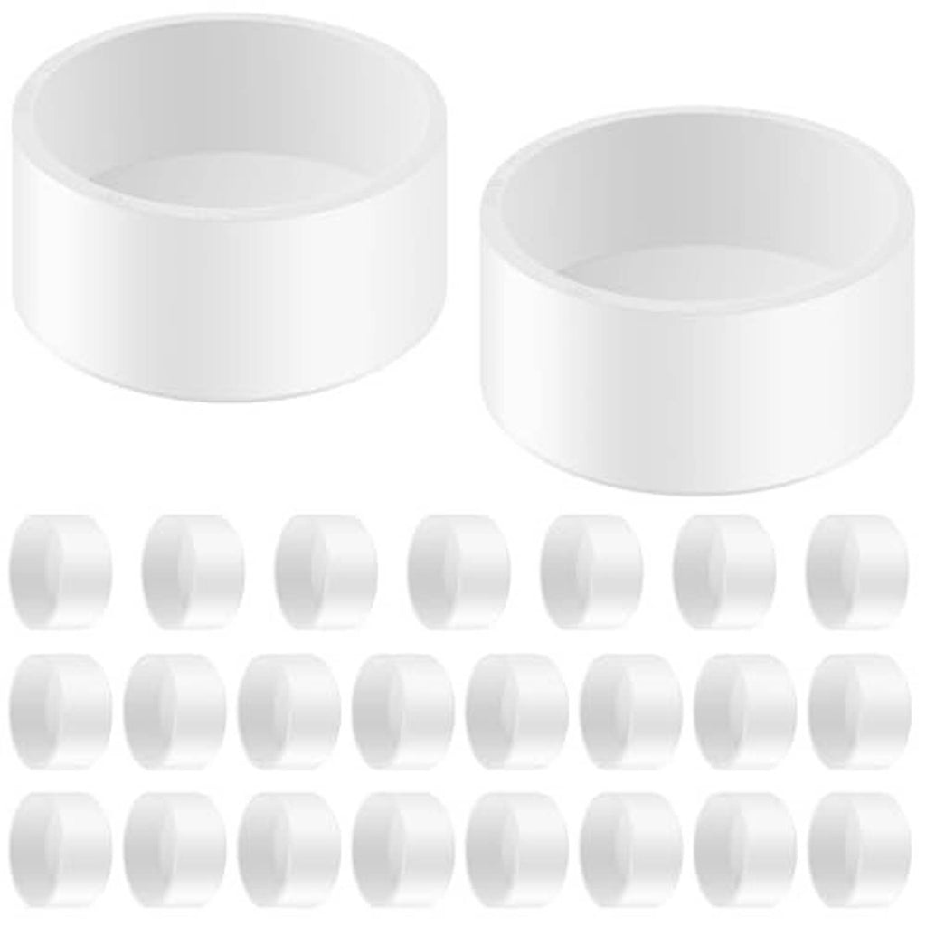 White PVC pipe end caps, multiple round caps in a pack arrangement
