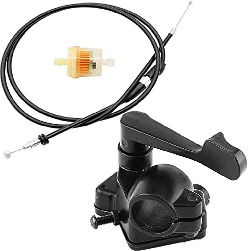 Black thumb throttle grip and cable accelerator control with attached wires