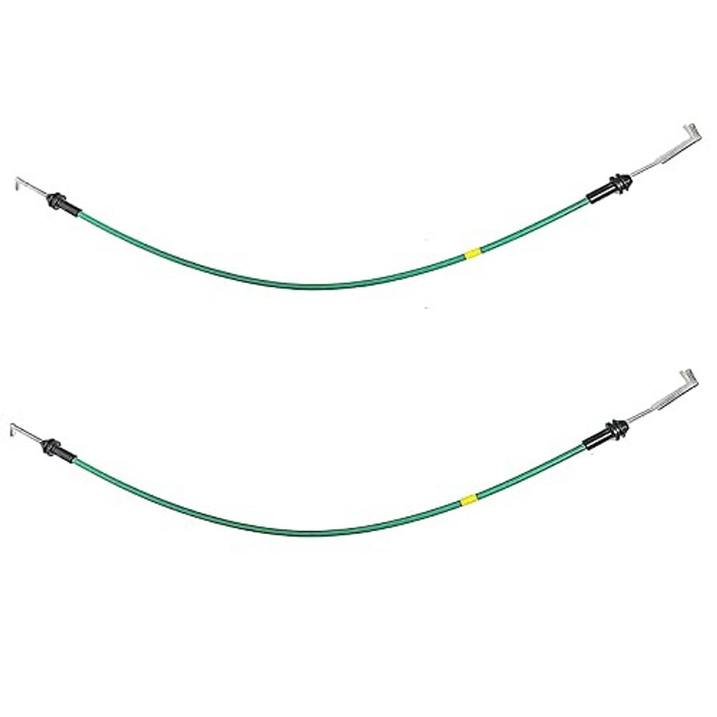 Two green door handle release cables with black connectors and metal hook terminals.