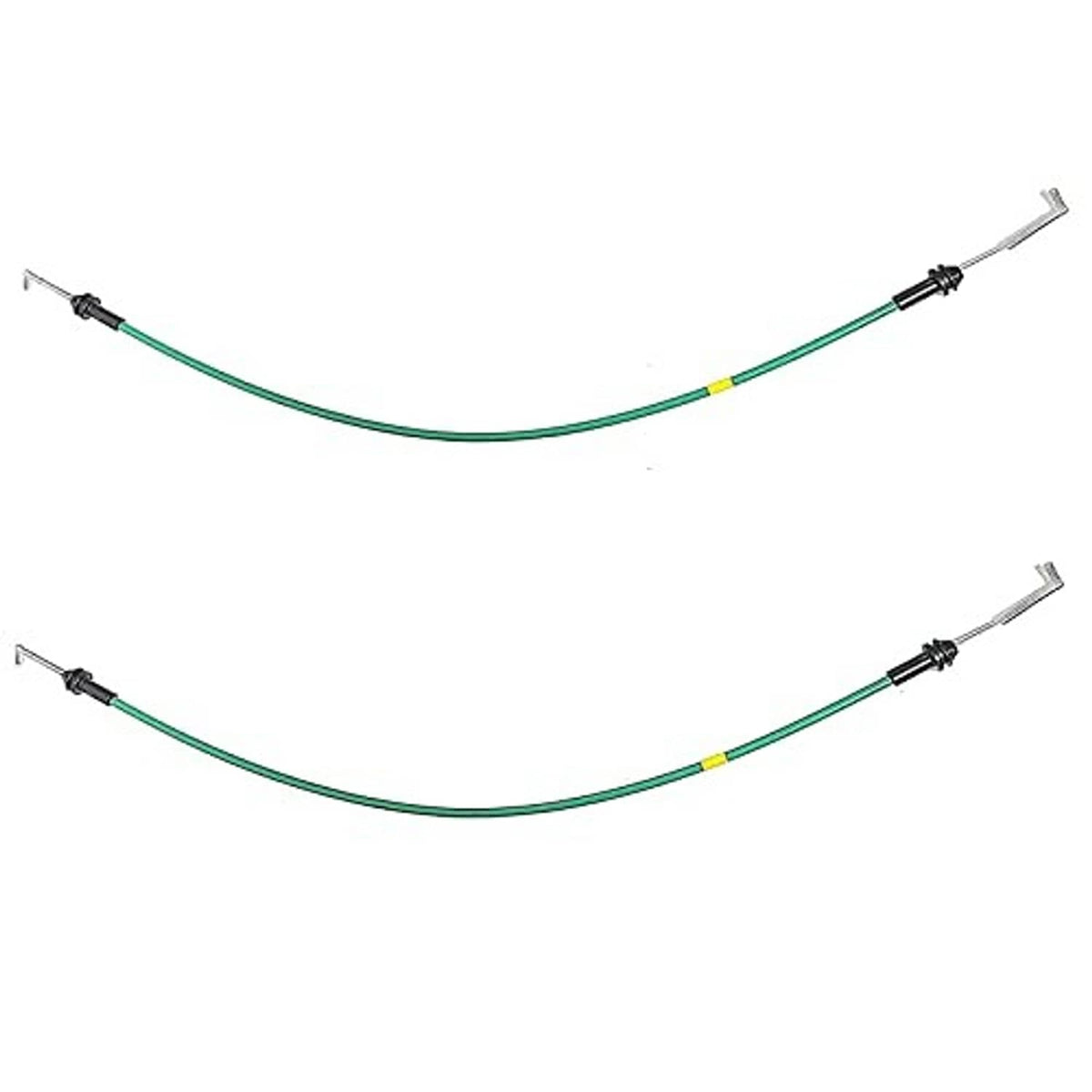 Two green door handle release cables with black connectors and metal hook terminals.