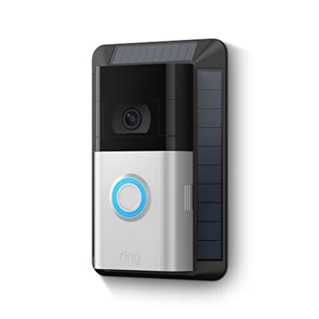 Solar-powered Ring doorbell charger, angled view with black body and blue button