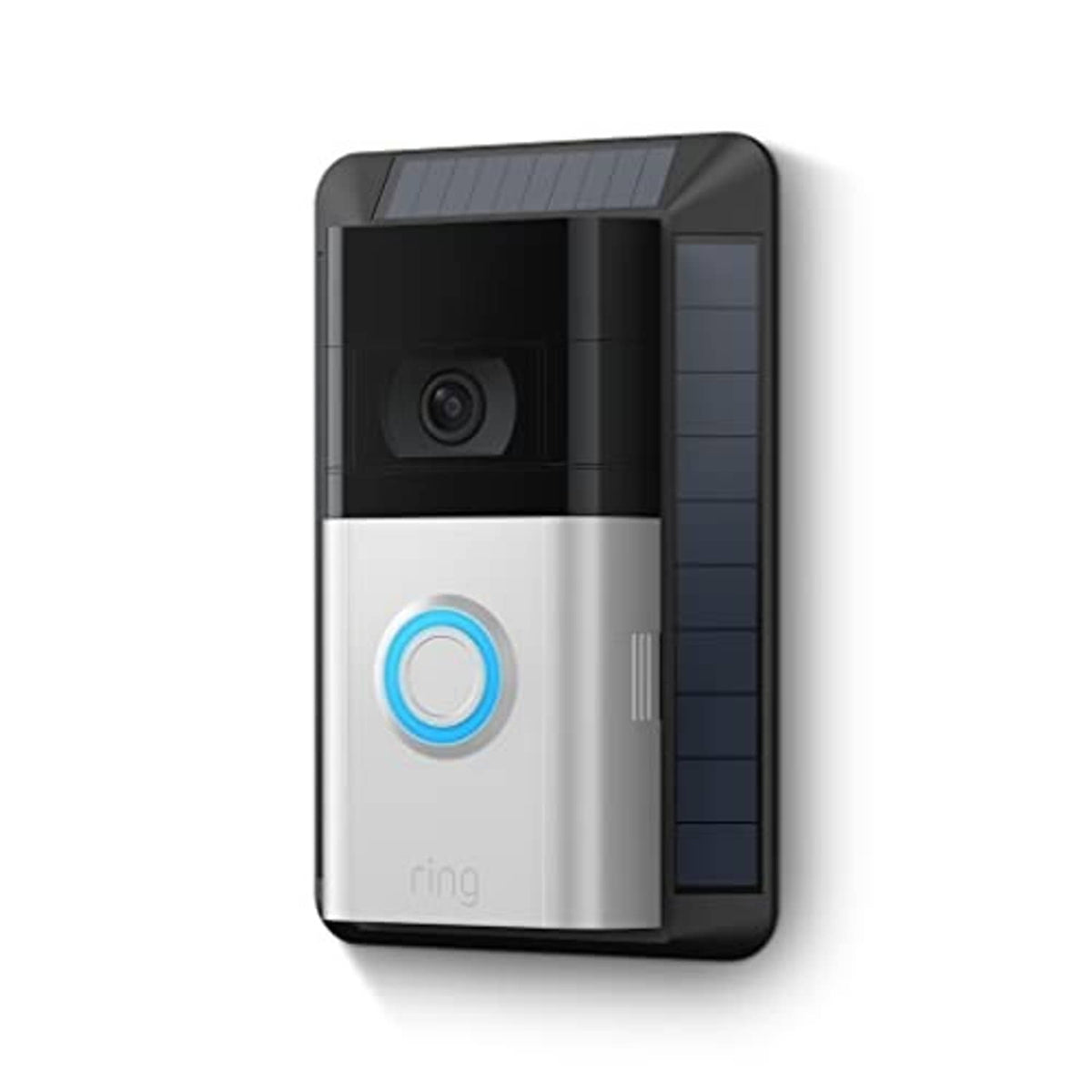 Solar-powered Ring doorbell charger, angled view with black body and blue button