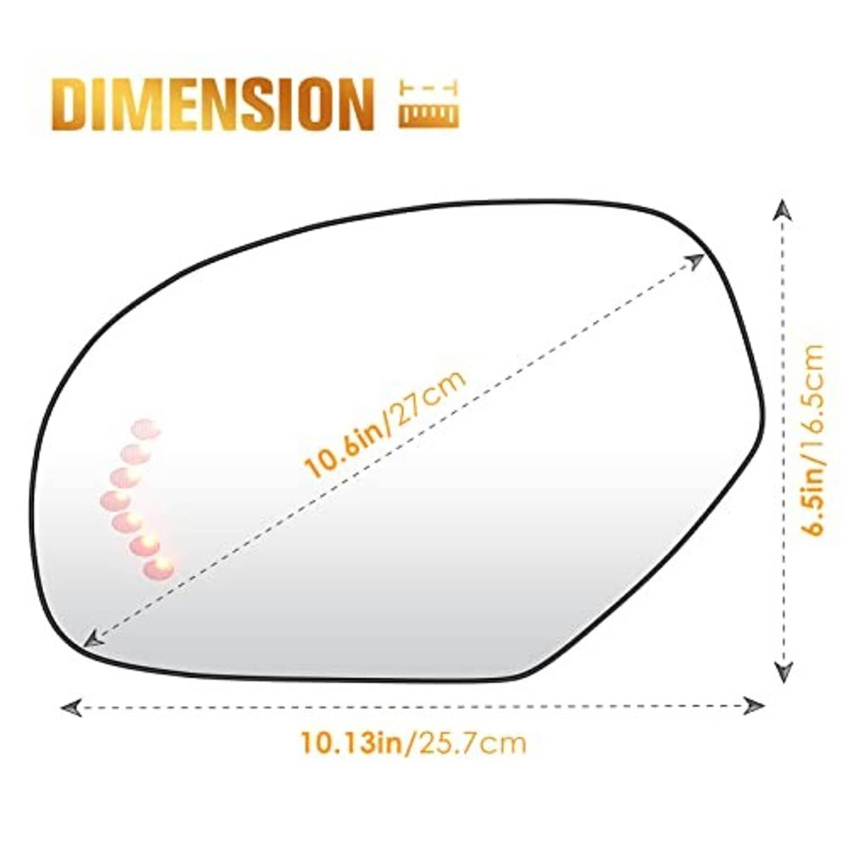 Left driver-side heated mirror glass lens size 10.13 in x 5.59 in