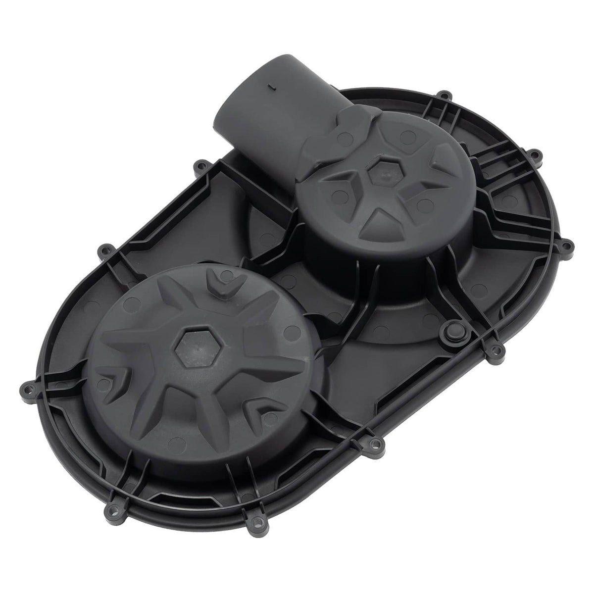 Outer clutch cover close-up, dark gray dual covers with central gear-style cap and ribs