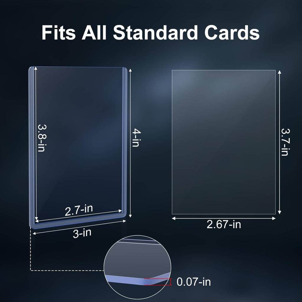Card sleeve size diagram showing 3-in by 2.7-in standard card fit and thickness
