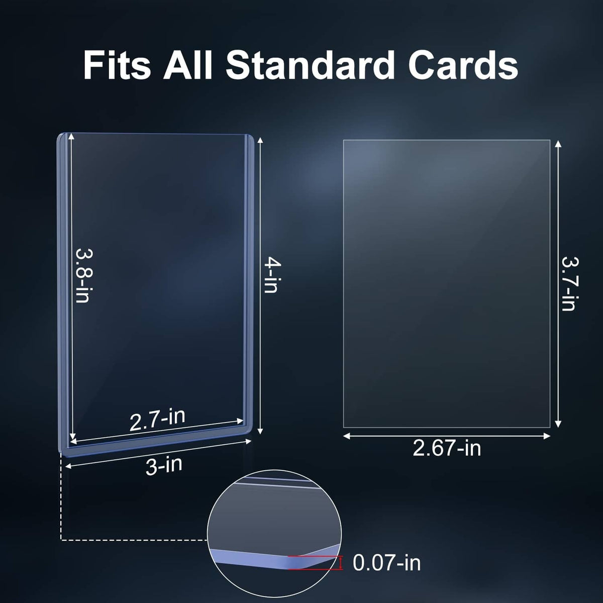 Card sleeve size diagram showing 3-in by 2.7-in standard card fit and thickness