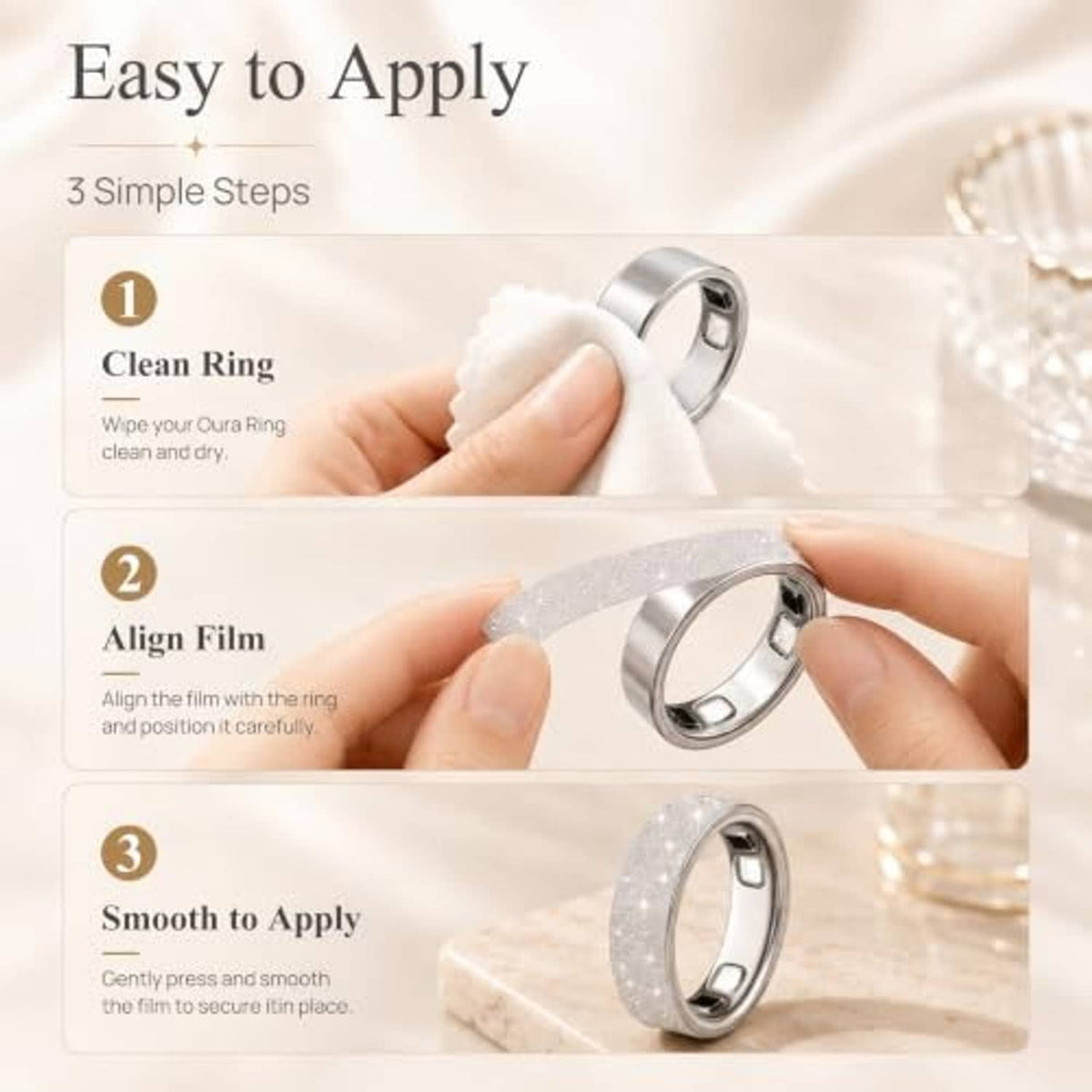Ultra-thin bling silver ring skin cover for Oura Ring Gen 5, size 10, being applied