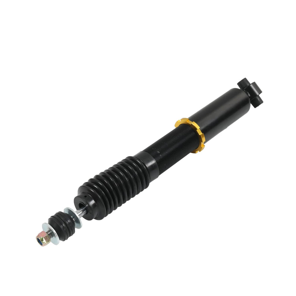 Black coilover strut shock absorber with silver end hardware and yellow collar ring