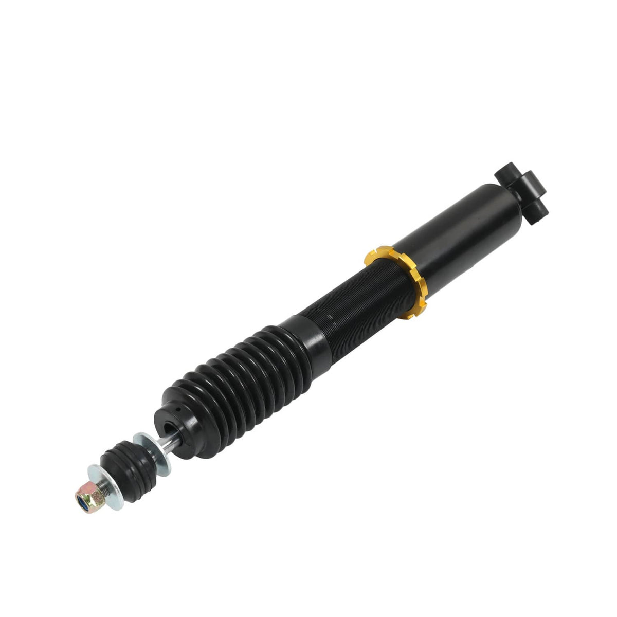 Black coilover strut shock absorber with silver end hardware and yellow collar ring