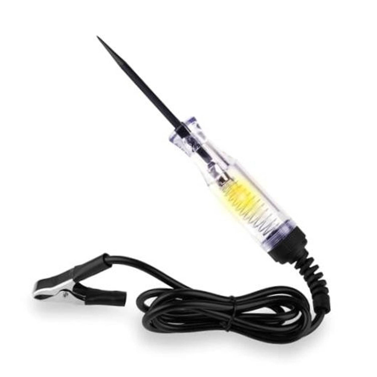 Automotive 6–24V DC circuit tester with clear handle, needle probe, and alligator clip
