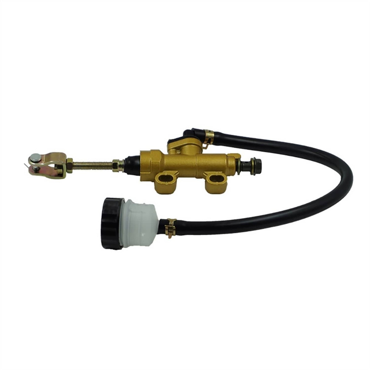 Gold rear brake master cylinder pump with black hose, white reservoir, and mounting clamp