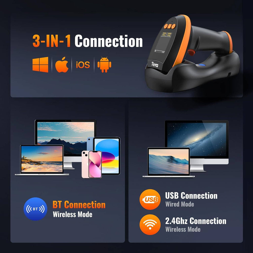 Barcode scanner showing connection icons on a display screen and keypad area