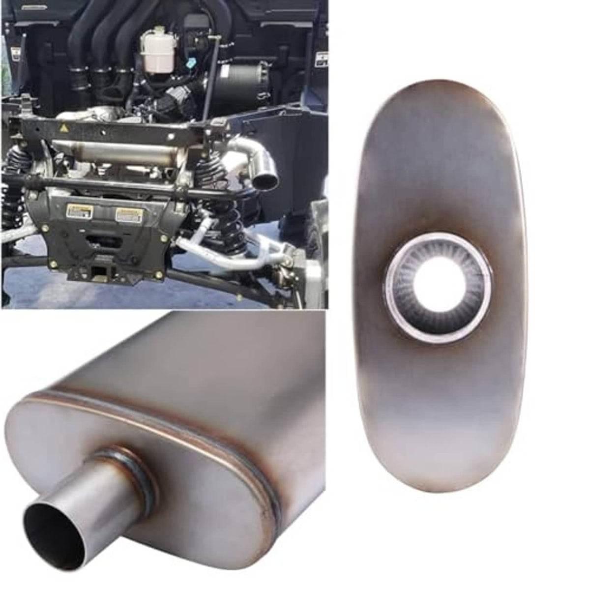 Stainless muffler with side inlet and round outlet, showing weld seam at edges