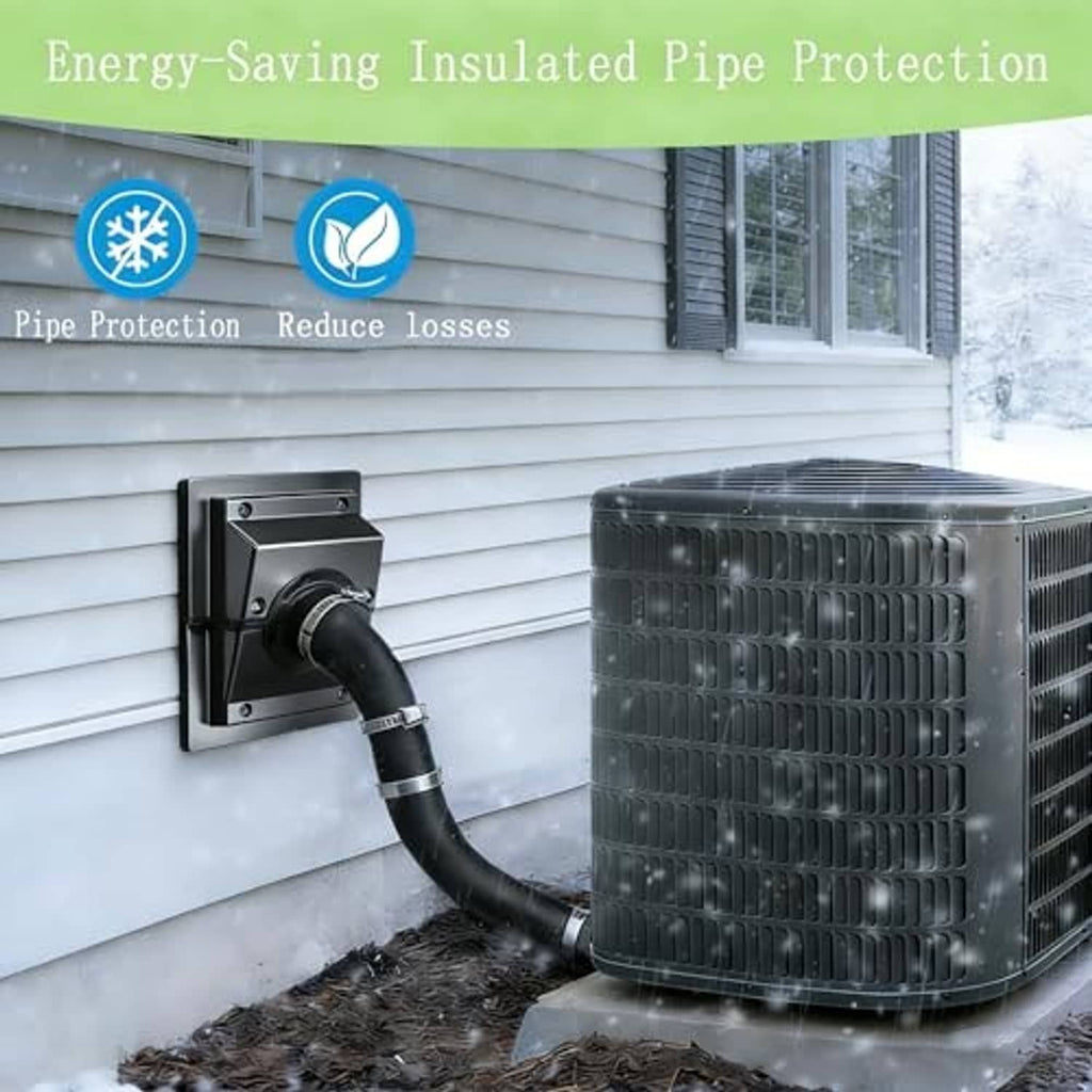 Insulated HVAC wall line cover kit with black elbow connector to outdoor unit