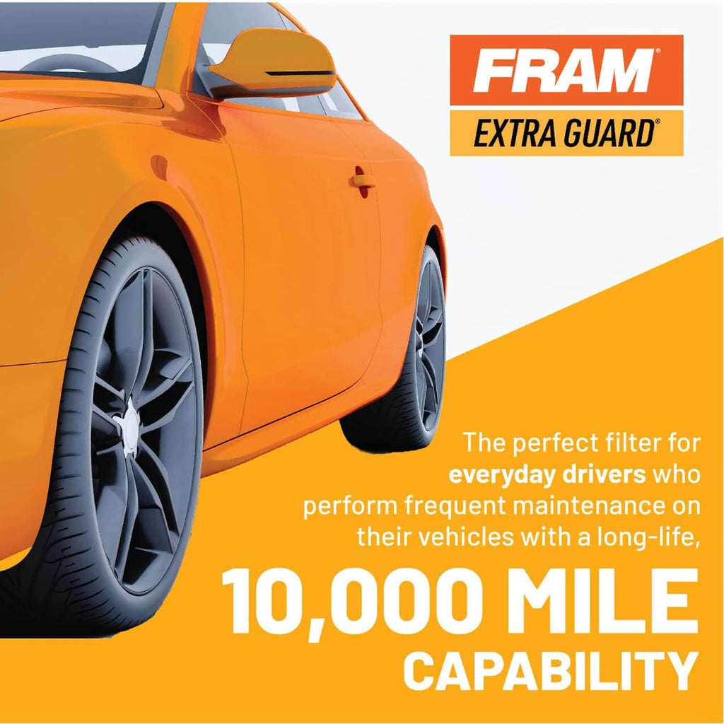 FRAM Extra Guard oil filter promotional banner, 10,000-mile capability