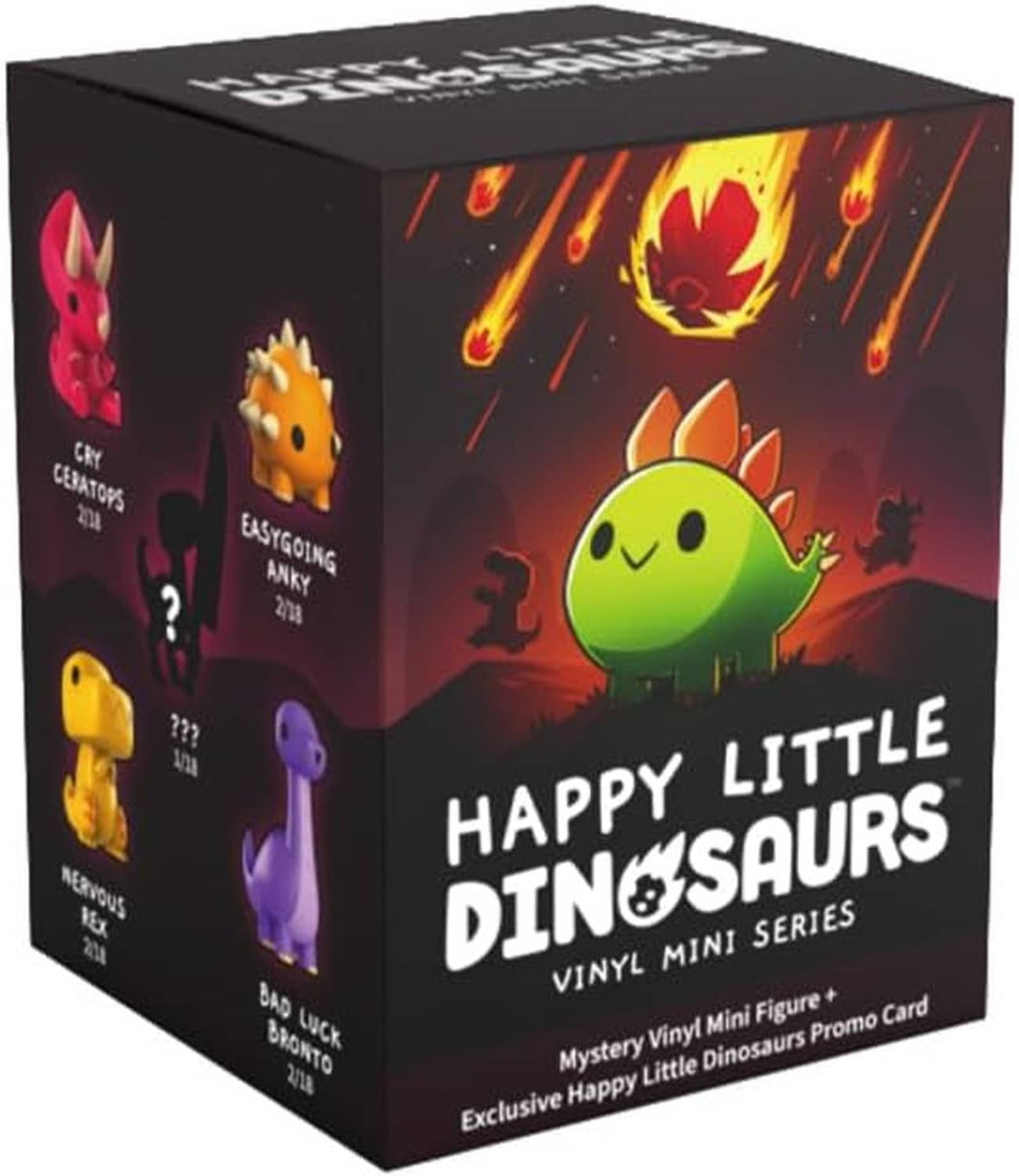 Black vinyl mini figure mystery box with cartoon dinosaur art and flames, front panel view