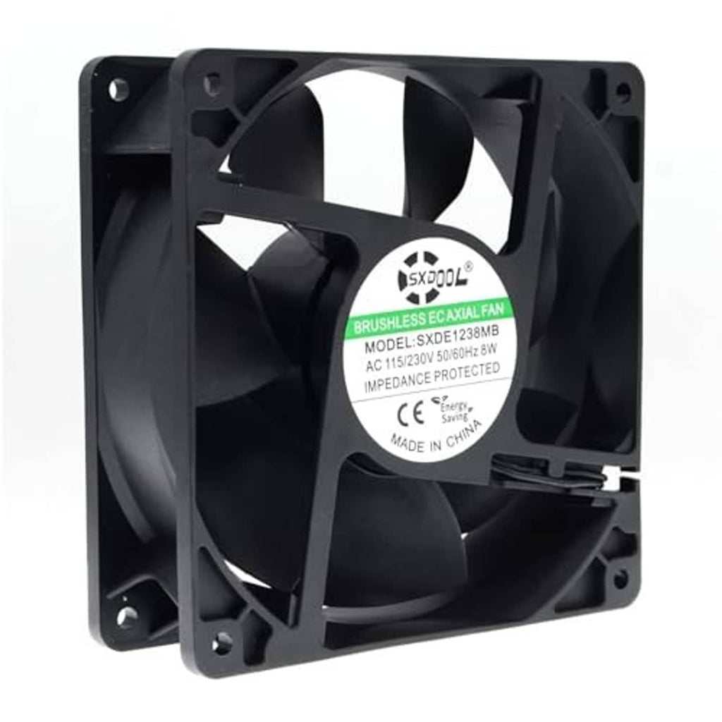 Black 120mm EC cooling fan with circular motor label and four blades in square frame