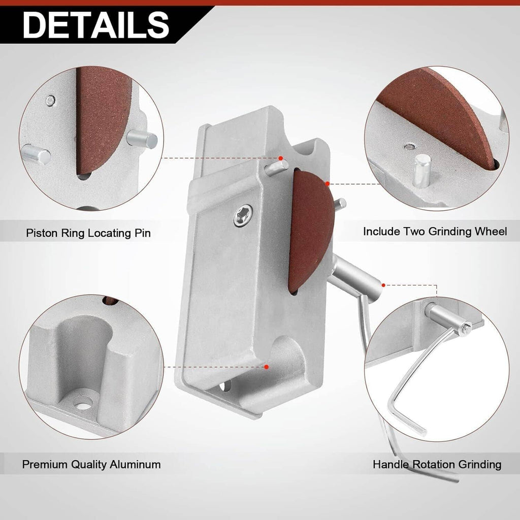 Aluminum piston ring grinder kit with two brown grinding wheels and locating pin