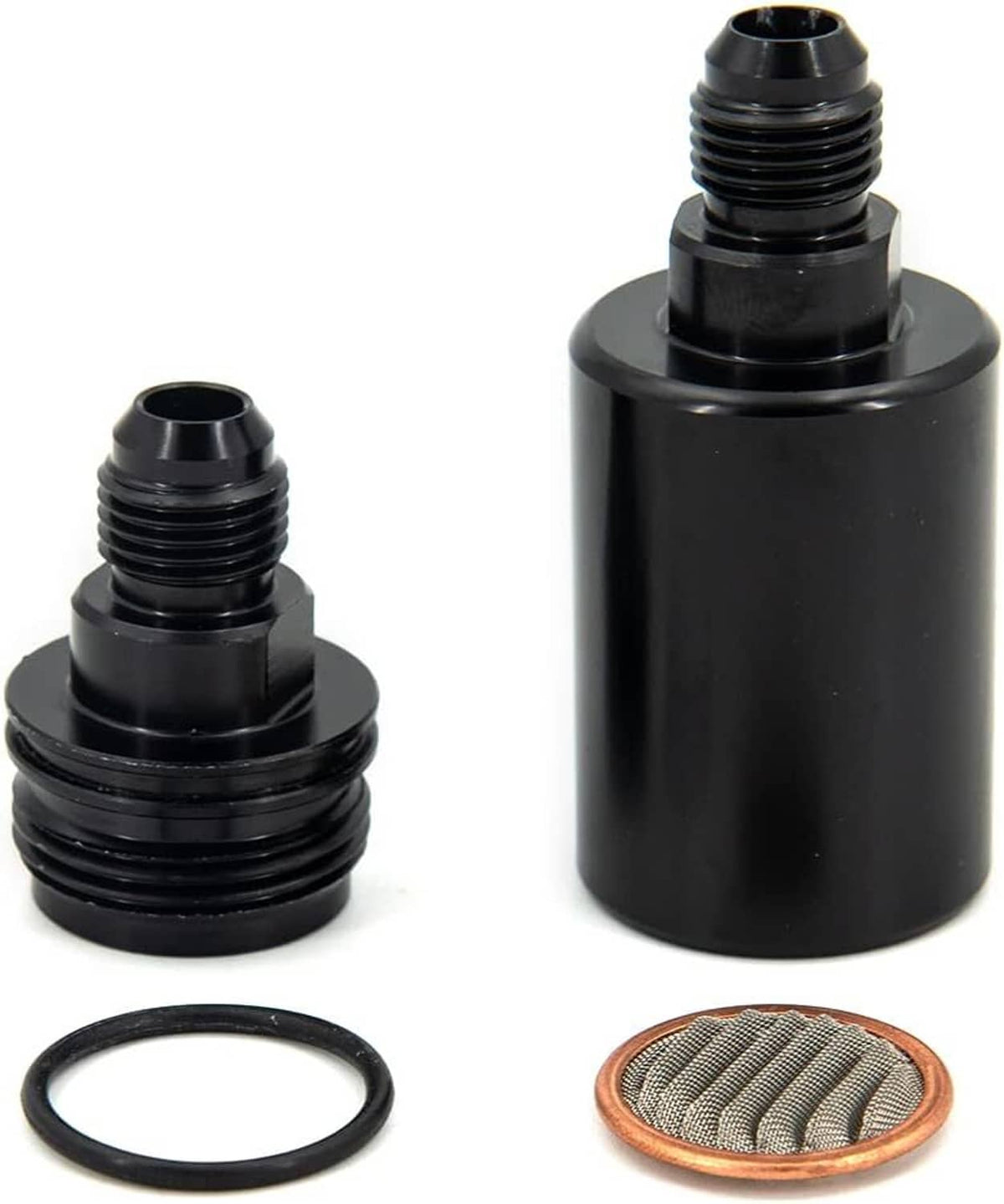 Inline fuel filter set: black canister, threaded AN6 fittings, mesh screen, O-ring