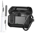 Black protective earbud case with lock clip, carabiner ring, and cleaning tools