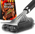 BBQ grill brush with black handle, metal wire bristles, and flat scraper head
