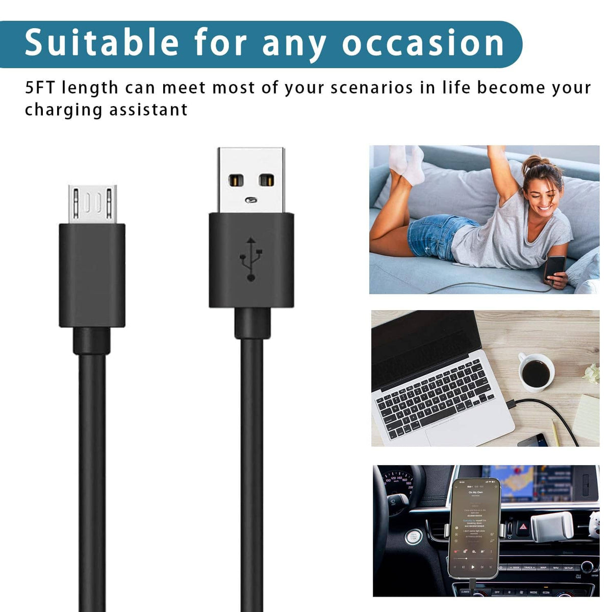 Two black charging cables with USB connectors, arranged for everyday device charging.