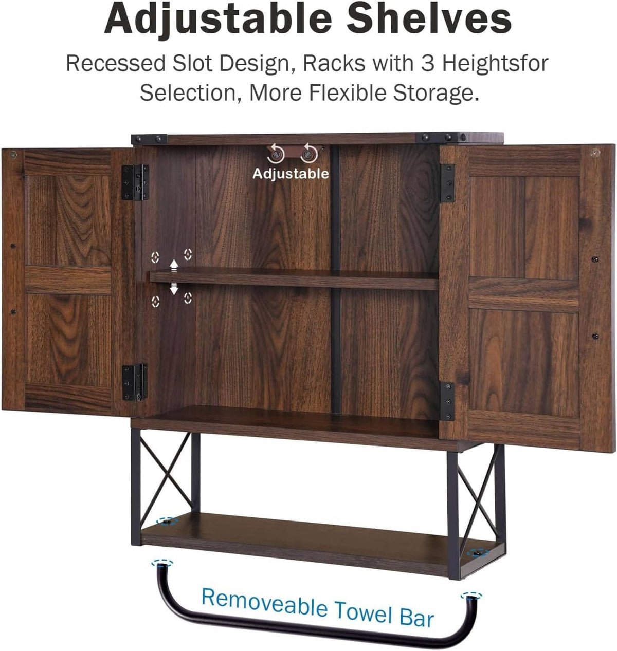Wood medicine cabinet interior showing adjustable shelves and removable towel bar feature