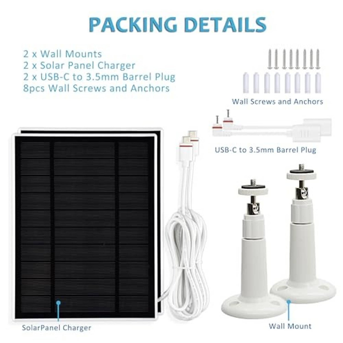 Solar panel charger kit with solar panel, wall mounts, and USB-C to barrel plug cable
