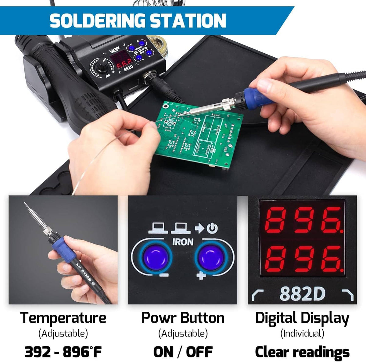 Soldering station base with digital display, power button, and soldering iron tool