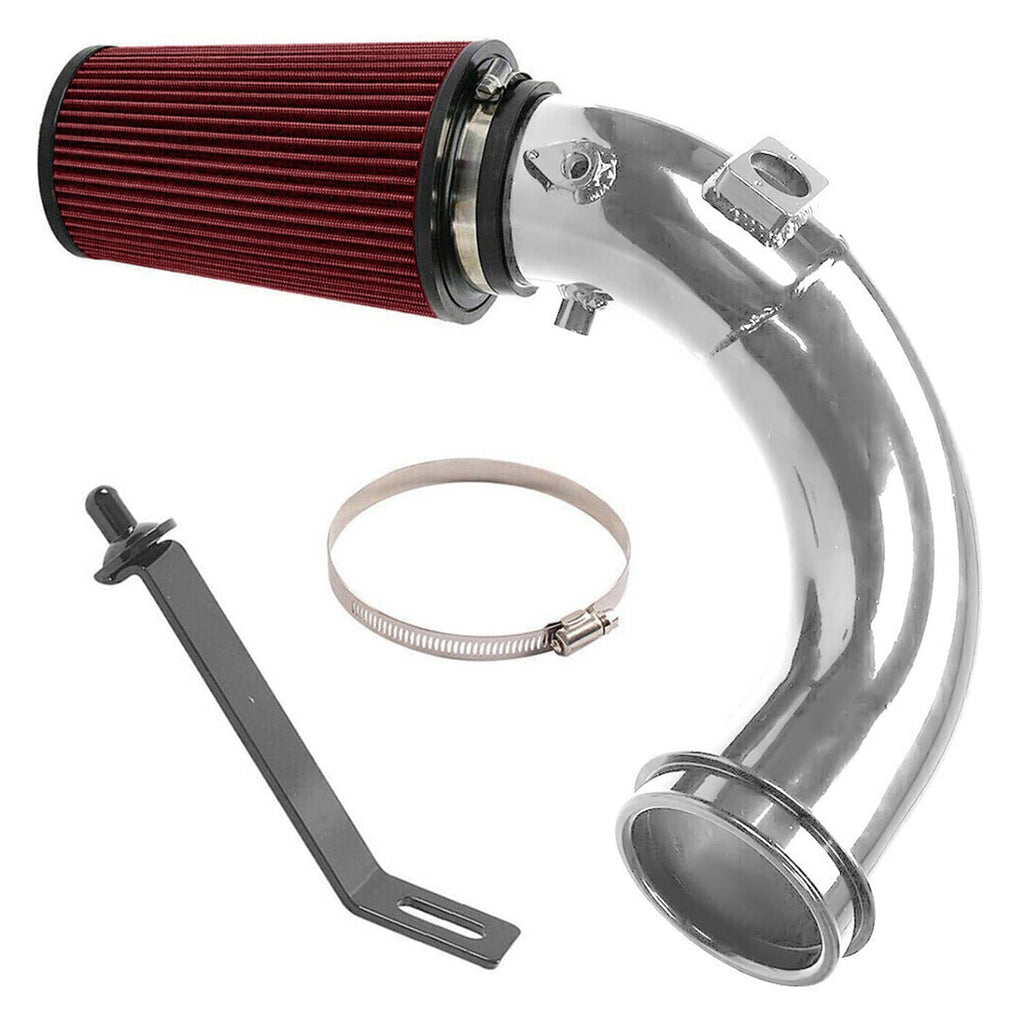 Cold air intake pipe with red pleated cone filter, metal clamps and bracket included.