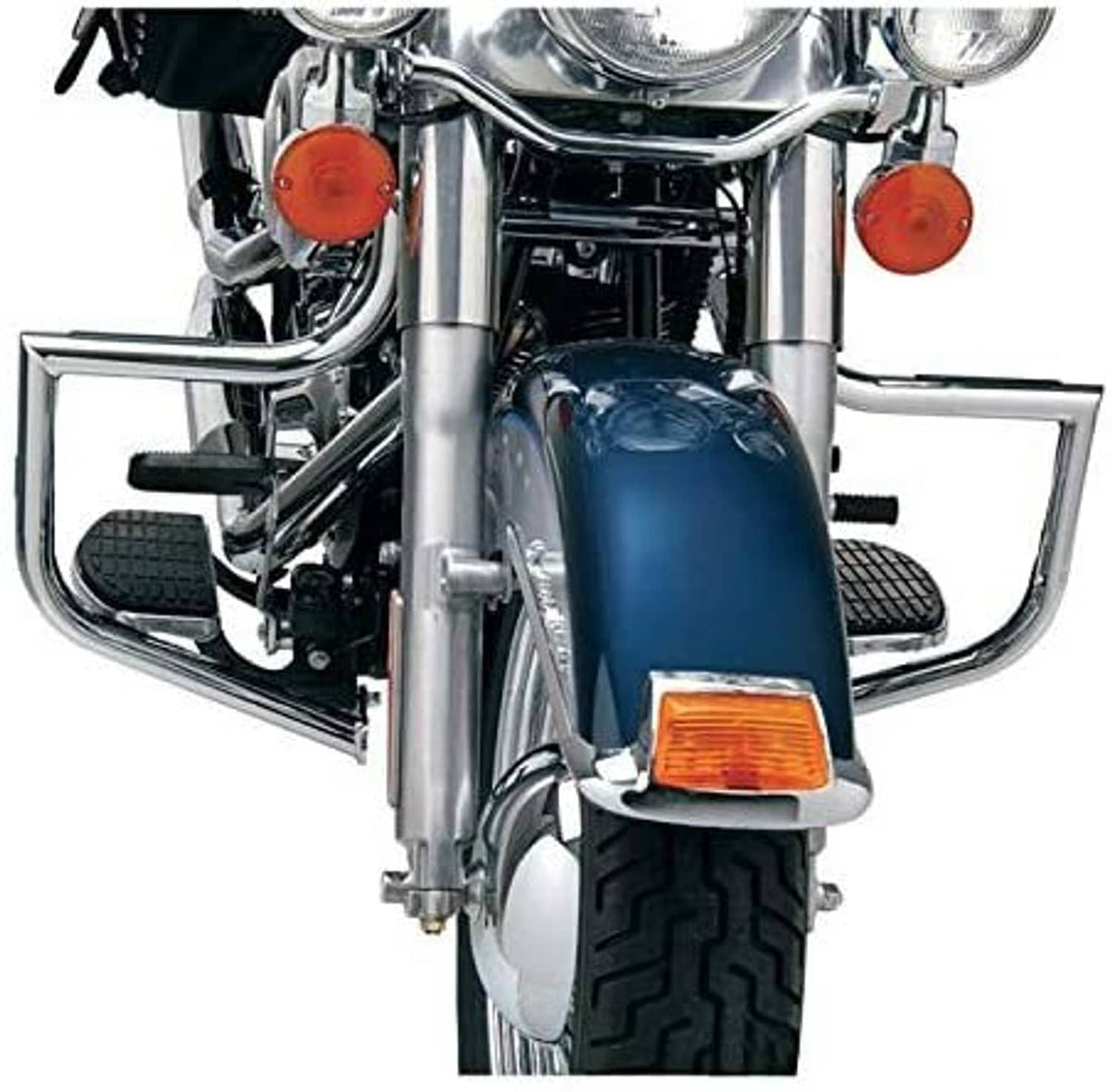 Chrome highway engine guard crash bar with mounting points, front motorcycle view