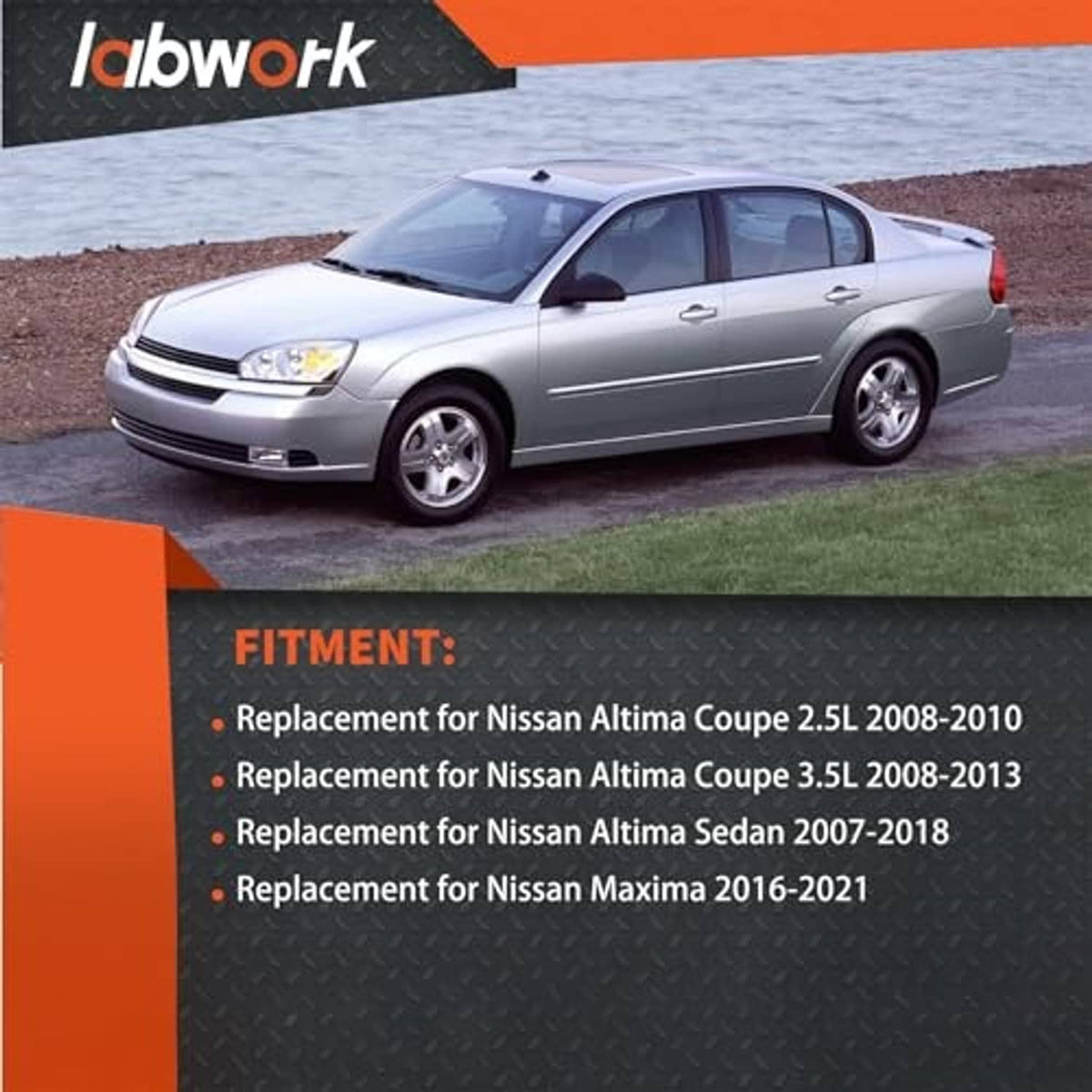 Silver sedan on road with cooling-fan fitment text overlay