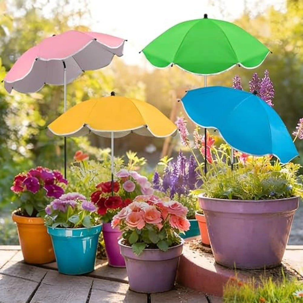 Set of four outdoor plant umbrellas with pink, green, yellow, and blue canopies