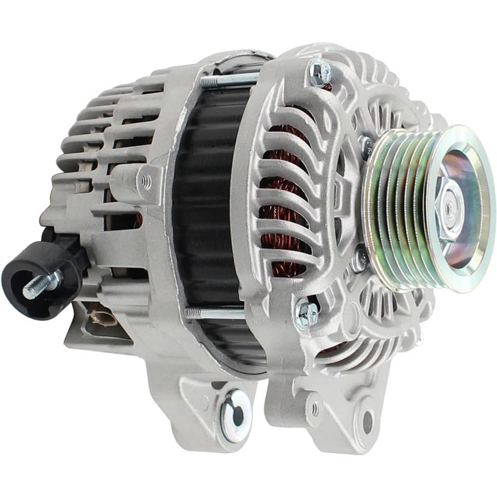 12V 95A alternator rear side view with black belt pulley and cooling vents