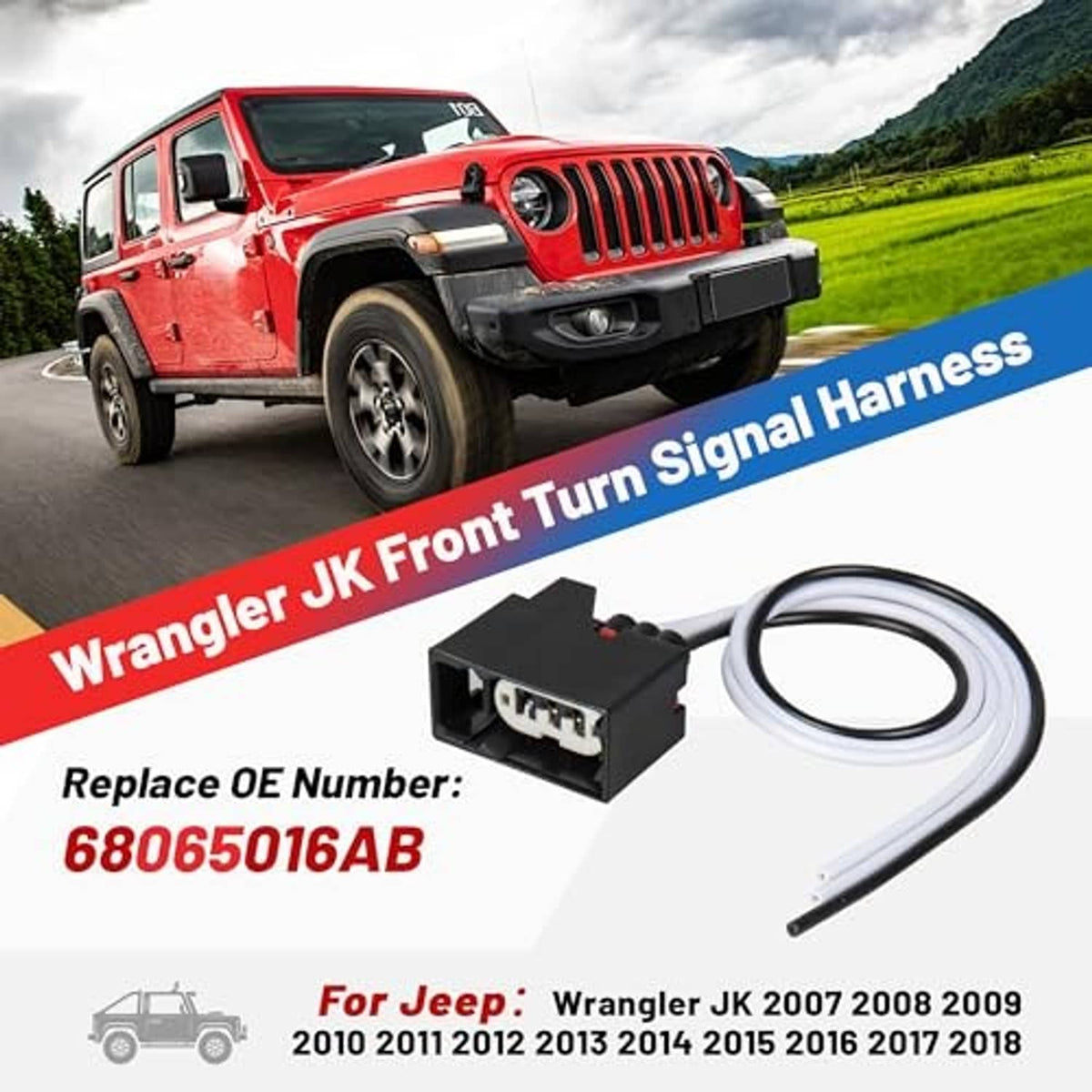 Front turn signal wiring harness with black connector plug and white insulated wire leads