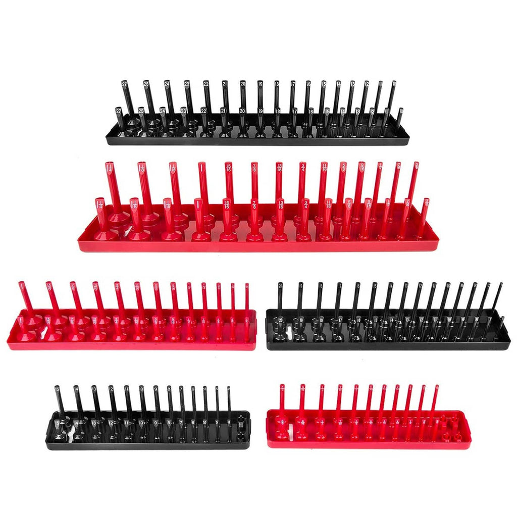 Set of red and black socket organizer trays holding assorted sockets