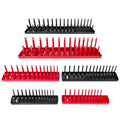 Set of red and black socket organizer trays holding assorted sockets