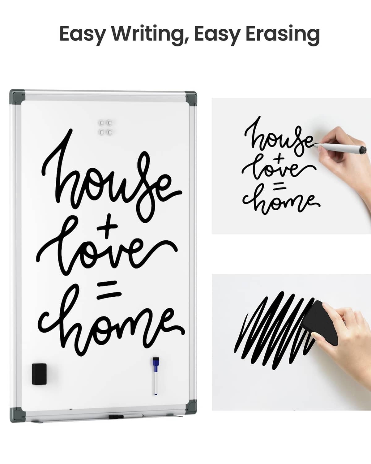 Framed magnetic whiteboard with black handwriting and a magnetic marker