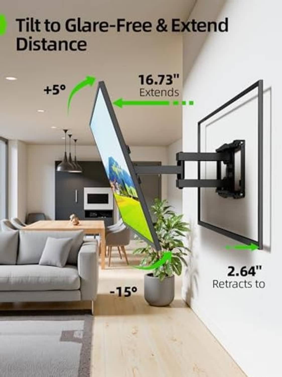 Full motion TV wall mount tilting to reduce glare, retracts close to wall