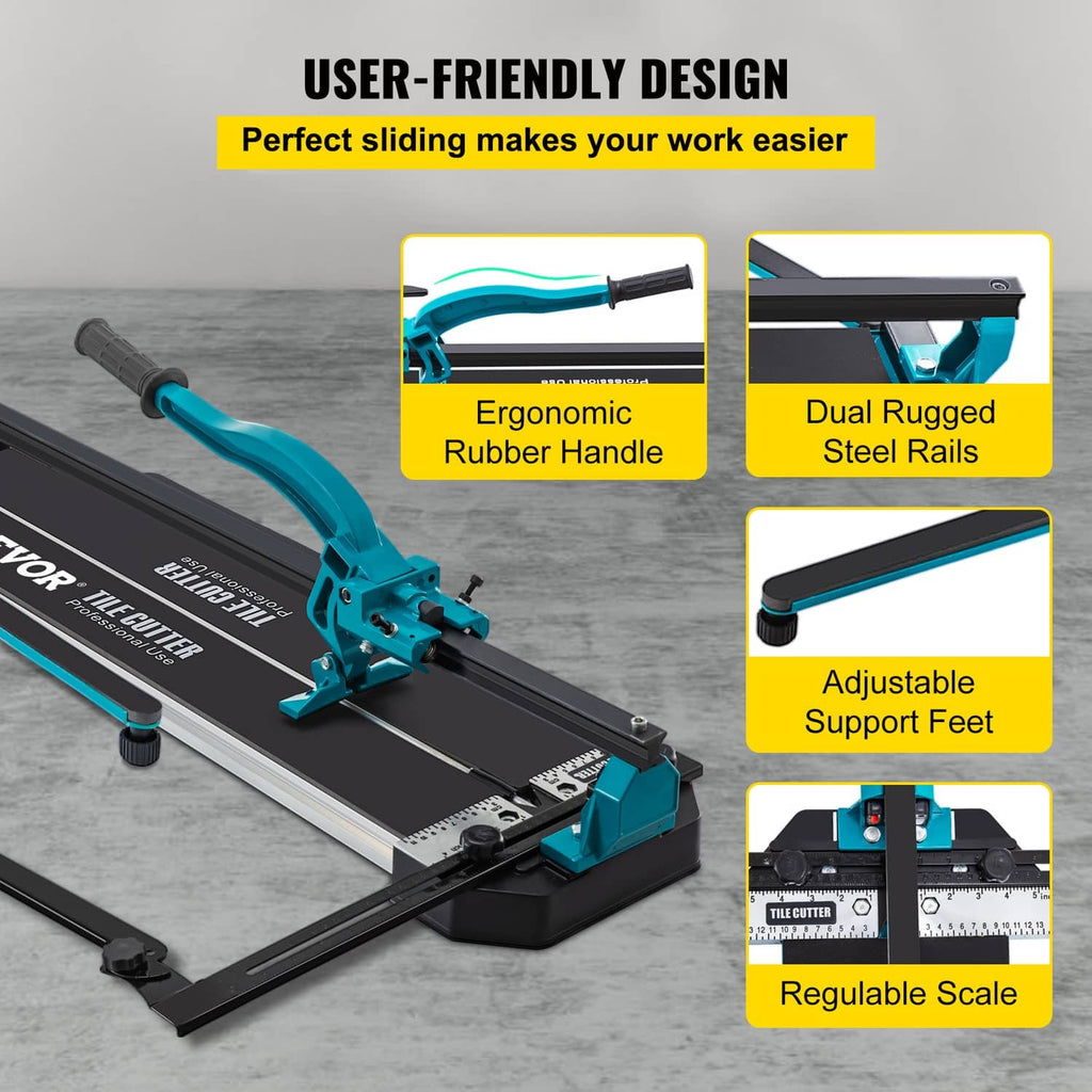 User-friendly manual tile cutter with ergonomic rubber handle and dual steel rails