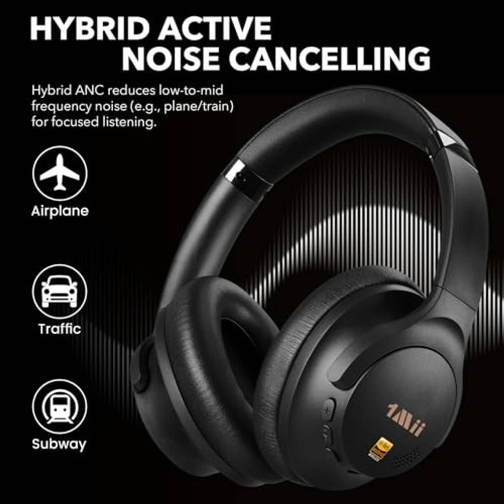 Black over-ear noise cancelling headphones angled view with cushioned ear pads.