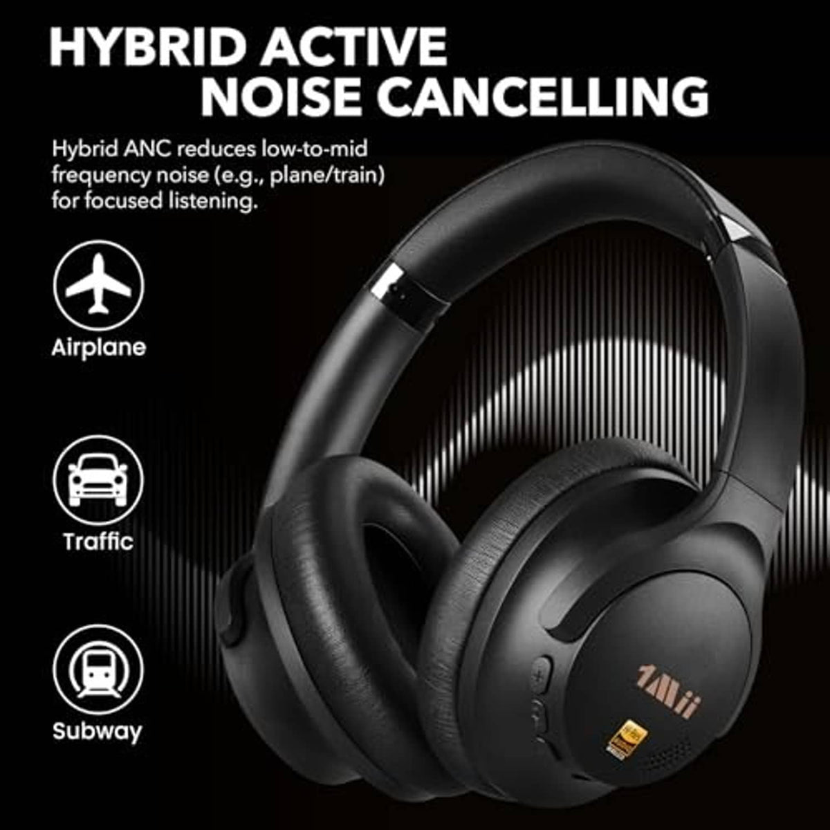 Black over-ear noise cancelling headphones angled view with cushioned ear pads.