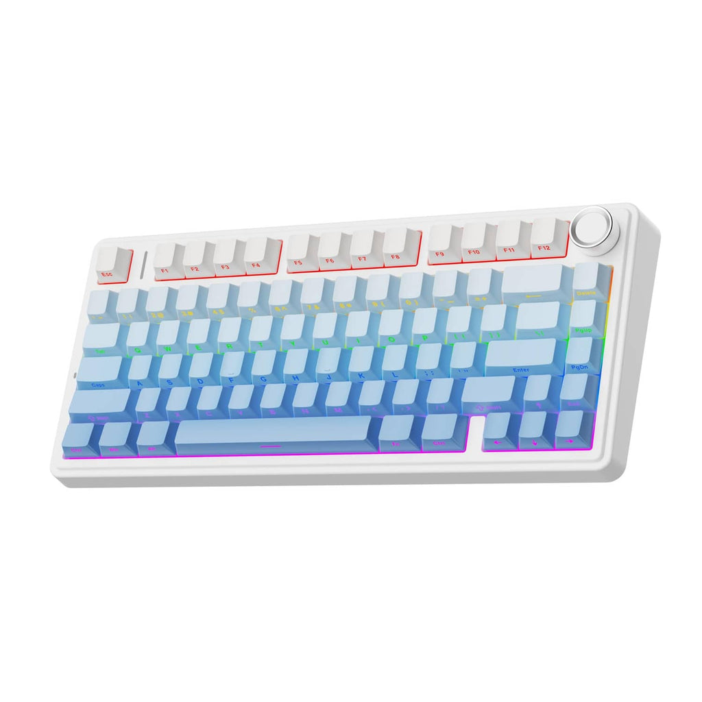 Blue gradient mechanical keyboard with white keycaps and round knob