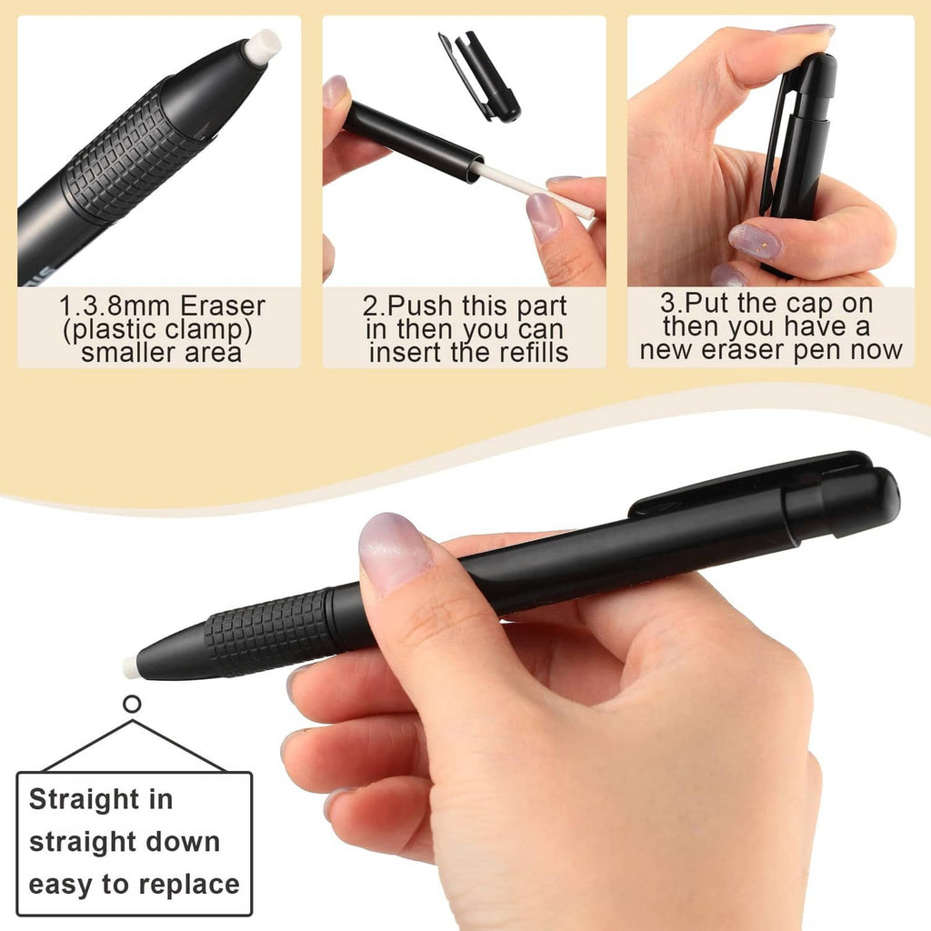 Black retractable eraser mechanical pen with textured grip, held with cap end