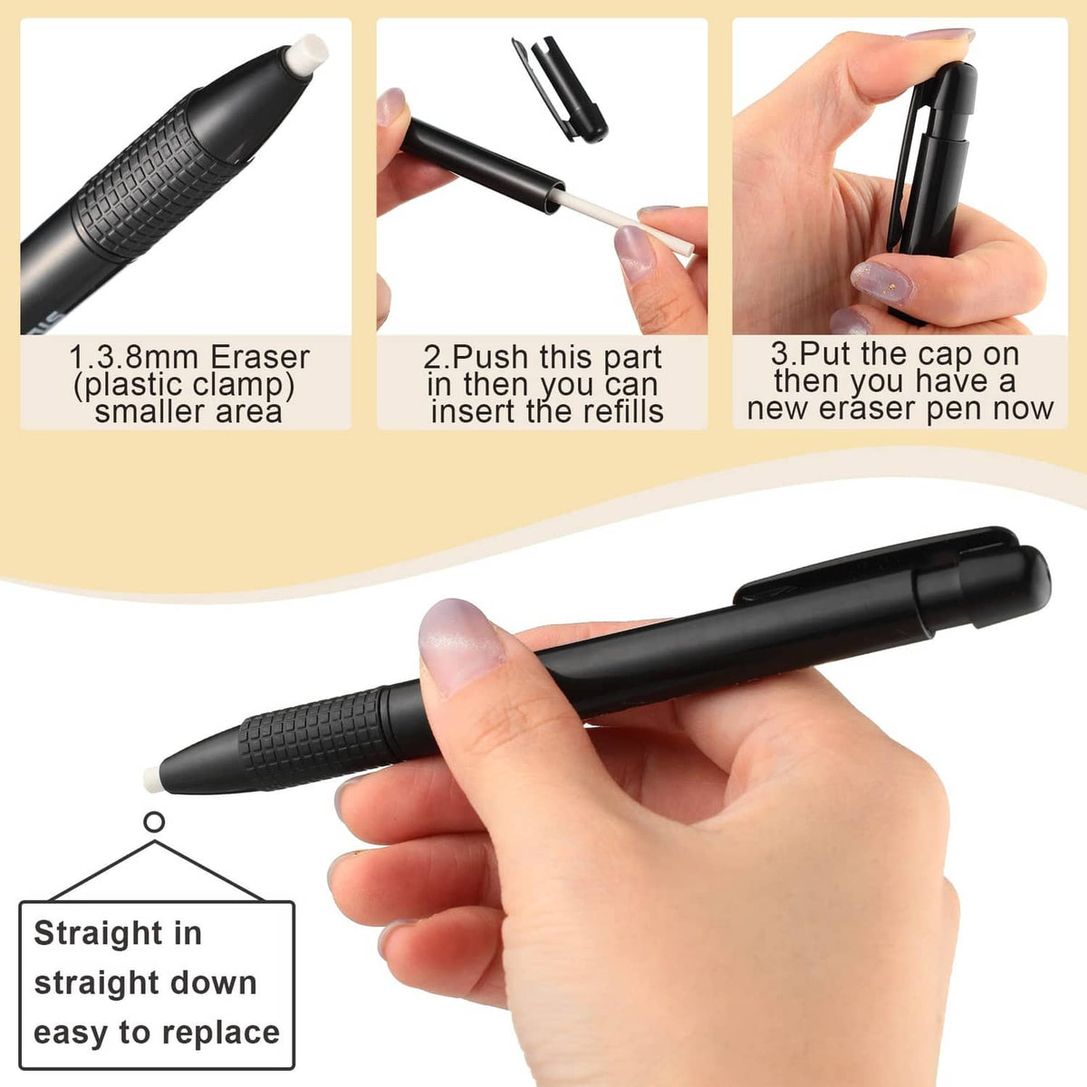 Black retractable eraser mechanical pen with textured grip, held with cap end