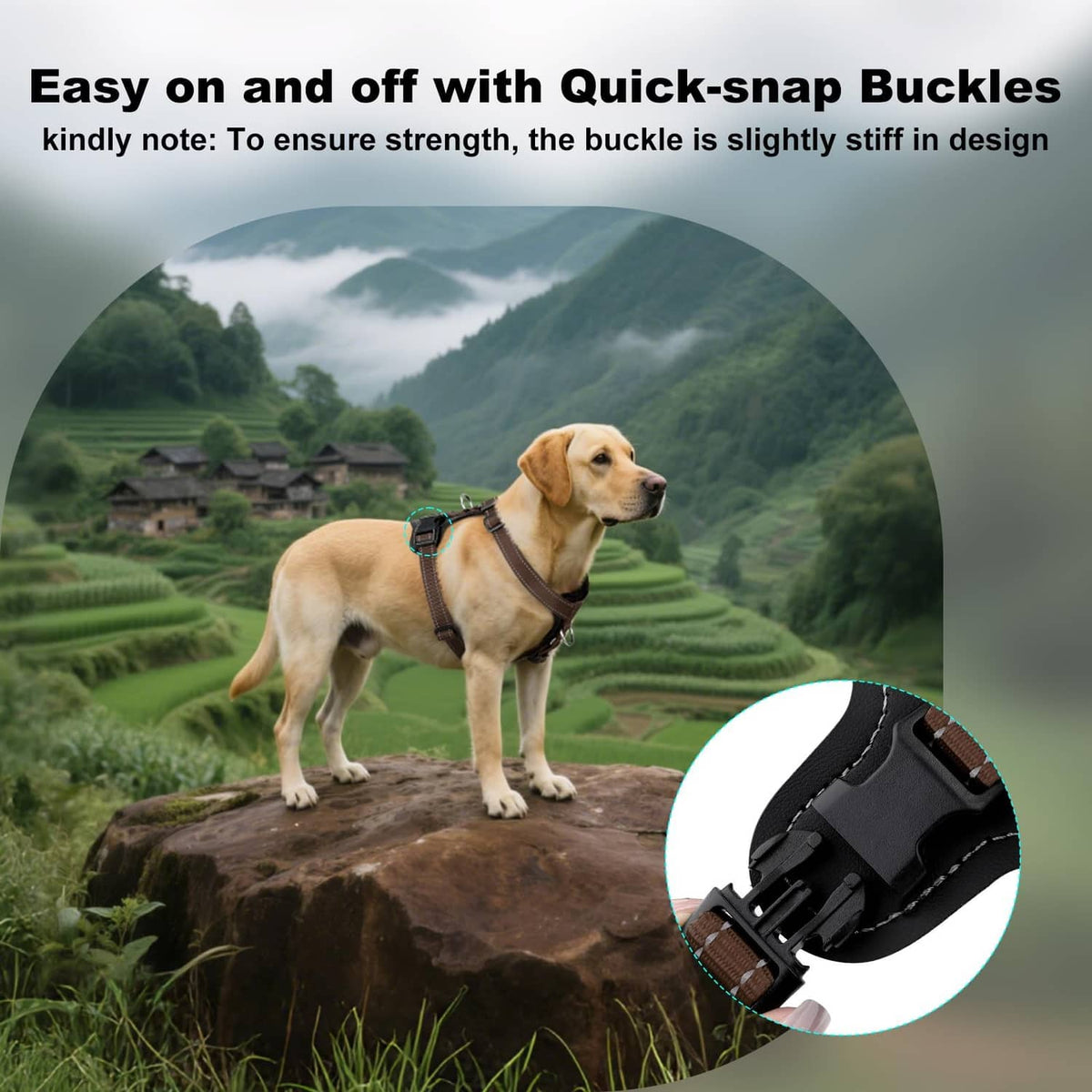 Brown dog harness with quick-snap buckles and black hardware, adjustable straps