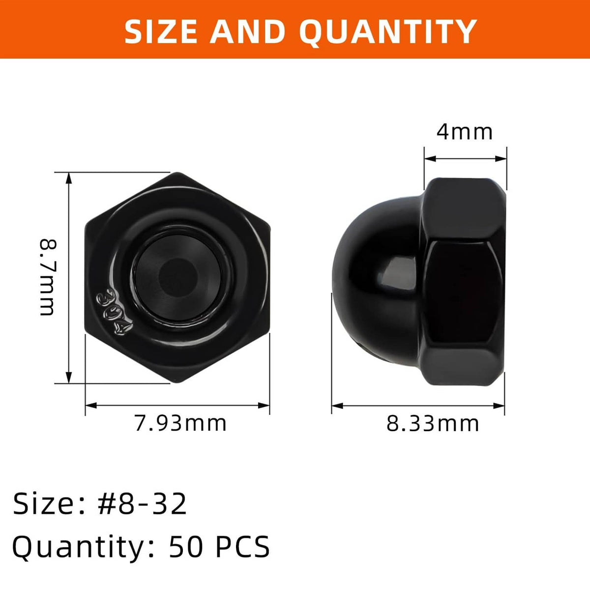 Black acorn cap nuts size #8-32, 50 pcs; dimensioned in mm